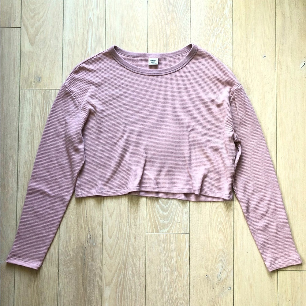 Aritzia Sunday Best Waffle Long Sleeve Oversized Crop Top in Dusty Pink Size S